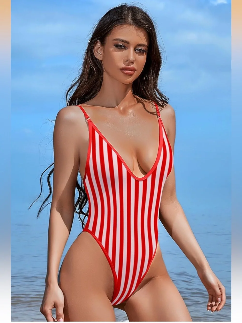 Sexy Plunging V Neck Bathing Suit Open Back Contrast Color One Piece L. 2381/bb6